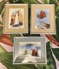 LAW WAI HIN  Watercolour Trio CHINESE JUNK BOATS HONG KONG Dated 1980