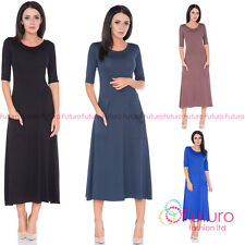 Ladies Casual Wear to Work Round Neck Half Sleeve Tea Length Office Dress FM30