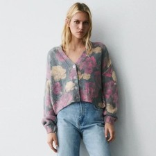 Oversized zara floral knit jacquard cardigan; Size: SMALL: Colour: Green & PINK