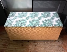 Vintage 1970s Rattan Wicker Ottoman Storage Seat Gold & Green Palm