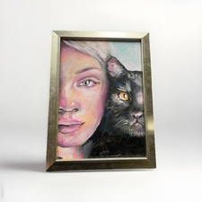Original Oil portrait Painting On Canvas Board A4 Framed Signed with black cat
