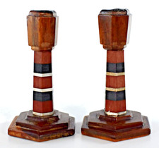 ANTIQUE WOODEN TREEN TRENCH ART CANDLESTICKS PAIR 13.5cm