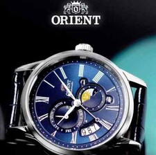 Orient Bambino Sun & Moon Mechanical Blue Dial and Leather Strap Men’s Watch box