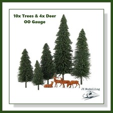 Quality Pine Trees 2x of each size (10pcs) + Deer (4pcs) - OO Gauge