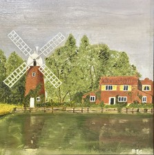 Vintage Naive Oil Painting English Country Scene Of Norfolk Broads Signed H.E.C