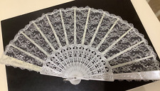 White Silver Lace Spanish Fan Shiny Handmade Hand Held