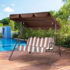 GVDV Canopy Porch Swing 3 Seater Coffee Stripe Brown Colour Boxed