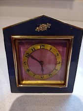 Antique Small Blue & Violet Boudoir Clock Wind up brass dial not working