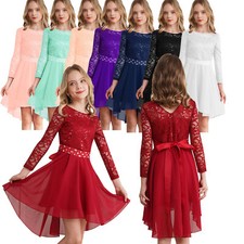 Kids Girls Floral Lace Chiffon High-Low Dresses Long Sleeve Pageant Party Dress