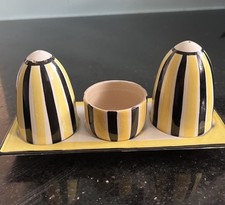 Retro Salt Pepper And Mustard Pot Set In Yellow Black And White Stripes