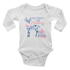 Personalised Name Year First Christmas Xmas Deer Baby Grow Vest Bodysuit L/S