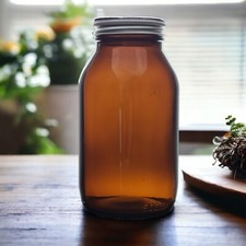 Brown Glass Pill Jars Amber Pantry Storage Wide Mouth Jar, Aluminium Lid 2 Sizes