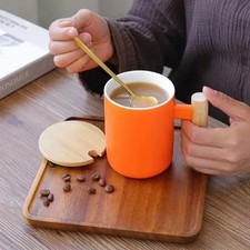 1 Pc 310ml Ceramic Wooden Handle Coffee Mug with Lid & Spoon Couples Orange Cup