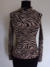 TOPSHOP GLITTERY BLACK & TAUPE STRIPE TIGER PRINT TOP WITH HIGH NECKLINE SIZE 10