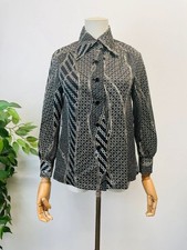 Vintage 70s Black White Buckle Print Dagger Collar Shirt 8