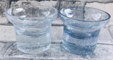 TEA LIGHT VOTIVE CANDLE  HOLDER CRACKLE GLASS 1 CLEAR 1 BLUE KROSNO POLAND VGC