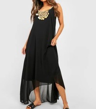 New Womens Boohoo Beaded Neck Lace Dip Hem Dress Black UK 16 Sleeveless