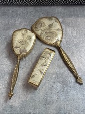 Vintage Vanity Dressing Table Set Brush & Mirror Set Silver Floral Embroidered