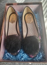 Ted Baker ladies black floral with pom poms slippers size 6