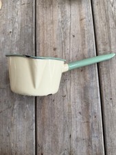 Small Retro Kockums 15cm Cream and Green Vintage Enamel Ware Pan
