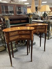 Pair of French Louis XVI Kidney Shaped Bedside Tables with Drawers & Inlay