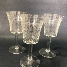 Set of 3 Vintage Etched Crystal Stem Glasses Pall Mall Style Port Sherry Liqueur