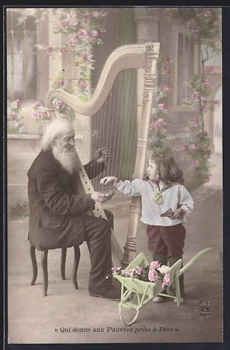 Old man playing harp girl - a,