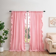 Coral Pink White Plaid Gingham Ruffle Curtains 2 Panels, 100% Washed Cotton D...