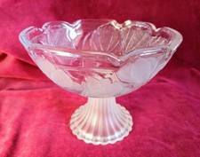 Soga Japan Glass Pedestal Bowl Flower Petal & Leaves Pattern Clear & Frosted