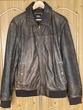 Zara Man, Men’s Brown Leather Bomber Jacket, with detachable Collar, Size M.