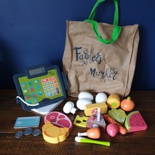 WOODEN PLAY FOOD TILL SHOPPING BAG  BUNDLE USED 