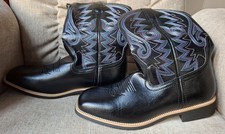 Cowboy Boots Faux Leather Round Toe Men Women Black Embroidered Western *NEW*