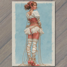 POSTCARD Red Skinned Girl Tied Rope White Lace Lingerie Blue Background Heels