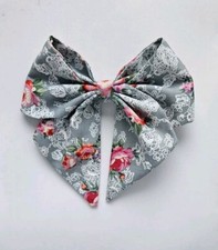 Grey Floral Lace Patterned Fabric Hair Bow On Crocodile Clip Handmade Gift