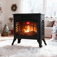 Electric Fireplace Log Burning Flame Effect Black Stove Freestanding Heater