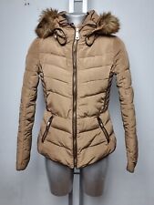 ZARA BASIC DESIGNER WOMENS BEIGE PUFFER HOODED FUR WINTER JACKET UK 8 EU 36 S
