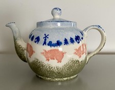 Vintage Price Kensington Potteries Hand Painted Teapot Pig Farm Trees Blue Green