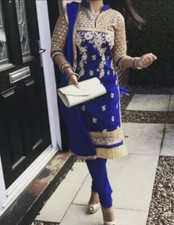 Ladies Stunning Blue And Gold Churidar Suit Size Uk 6/8 Stitched Indian Eid