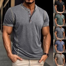 Mens Henley T-shirt Short Sleeve Plain Grandad Neck Tops Casual Summer Tee Shirt