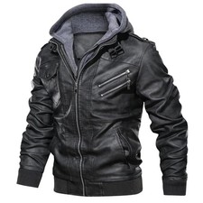 Men’s Black Leather Biker Jacket with Hood Motorcycle Coat Slim Fit Casual 