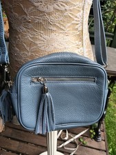 Pebbled Leather Crossbody Bag Pale Blue with Tassels Unused New