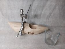 Handcrafted Aluminium Man In Mango Wood Canoe 'Row THe Boat' T-light Holder