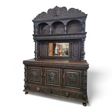 Antique Large Heavily Carved Green Man oak Dresser - Mirror Back Sideboard