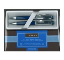 Cross Bailey Ball Point Pen & Pencil Set Chrome Blue In Gift Box AT0451B-4