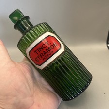 SUPERB VICTORIAN GREEN GLASS POISON CHEMIST ROUND BOTTLE TINC STRAMON POISON