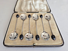 CASED SET OF 6 STERLING SILVER COFFEE BEAN SPOONS WITH BLACK BEANS 1934.