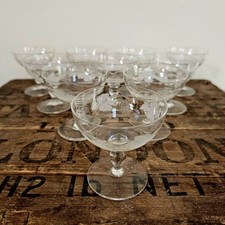 Set of Ten Vintage Mini Coupes Engraved Dessert Wine, Port, Cordial Glasses