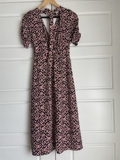 Topshop Size 8 Black And Pink Patterned Tea Dress With Neck Tie And Open Back