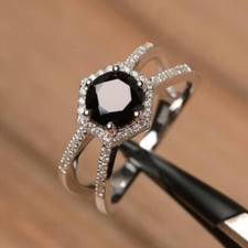 2.30Ct Round Cut Black Diamond Halo Engagement Ring 14K White Gold Over Size L-T