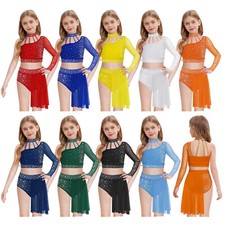 Kids Girls Crop Top And Skirt Training Leotard One Shoulder Dress Tango Mesh